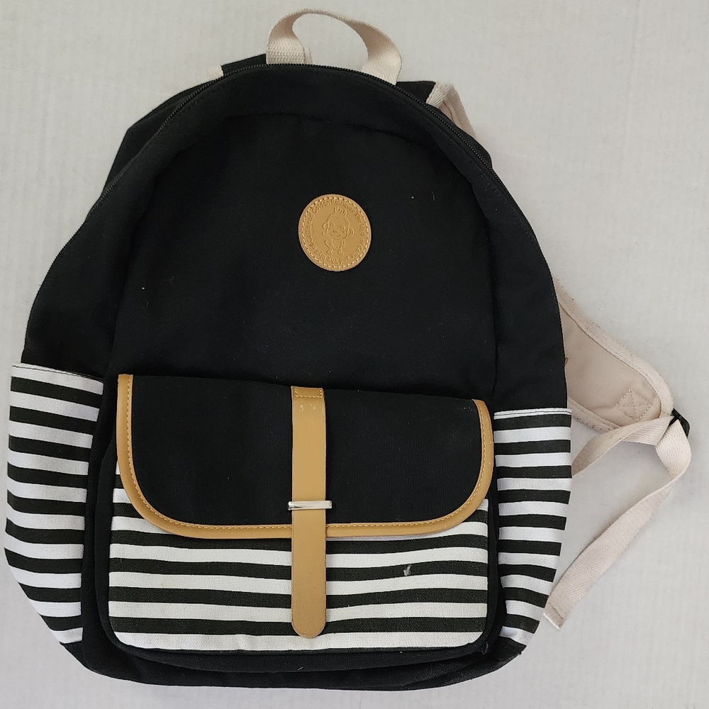 Black and White Striped Backpack with Tan Accents
